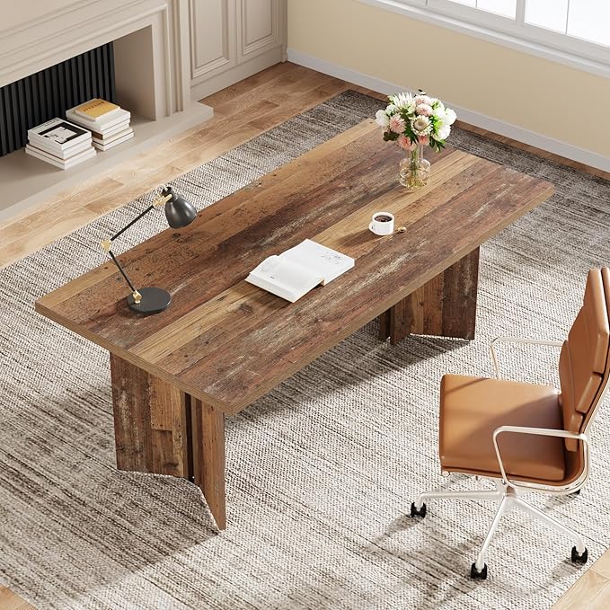 Tribesigns 63-inch Executive Desk, Vintage Home Office Computer Desk with Large Tabletop, Farmhouse Wood Writing Conference Table Workstation for Office, Study, Distressed Brown