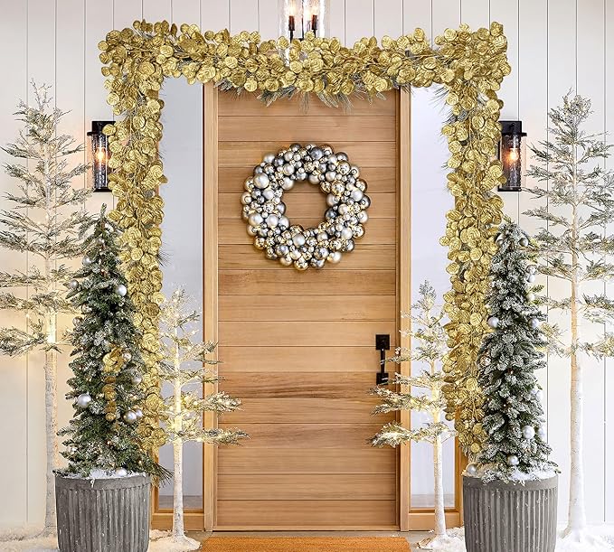 3 Pcs 6FT Christmas Garland Gold Glittered Artificial Eucalyptus Leaves for Mantle Christmas Tree Decorations Hanging Garland Ornaments Garden Table Shelf Door Window Wall Stair Holiday Home Decor
