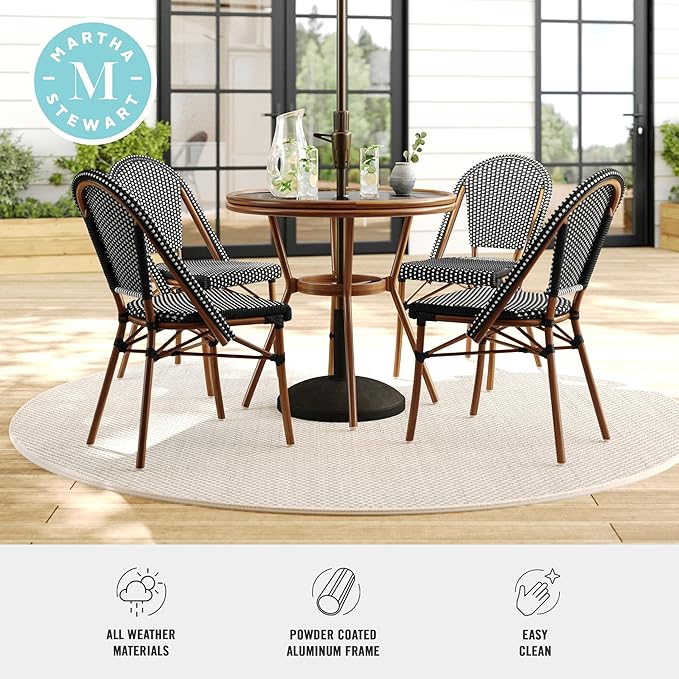 Martha Stewart Lily Pond 31” Round Indoor-Outdoor Bistro Dining Table with Aluminum Frame in Natural Woodgrain and Rattan Top in Black/White with Tempered Glass Top