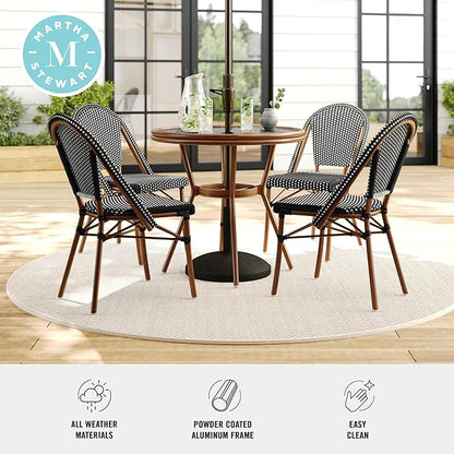 Martha Stewart Lily Pond 31” Round Indoor-Outdoor Bistro Dining Table with Aluminum Frame in Natural Woodgrain and Rattan Top in Black/White with Tempered Glass Top