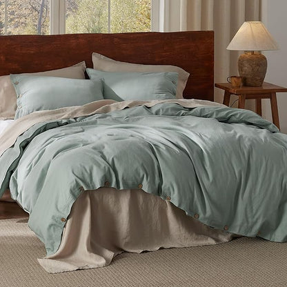 Bedsure Linen Duvet Cover Queen - Linen Cotton Blend Bedding Set, Soft & Cozy, 3 Pieces, 1 Duvet Cover 90x90 Inches and 2 Pillowcases, Sage Green Color Cooling Bedding, Comforter Sold Separately