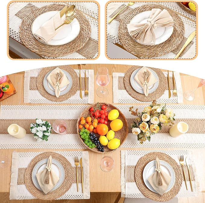 4 Sets Boho Placemats Round Woven Placemats, Cloth Napkins, Wood Bead Napkin Rings, Long Table Runner and Farmhouse Rustic Placemats Natural Burlap Cotton for Kitchen Table Home