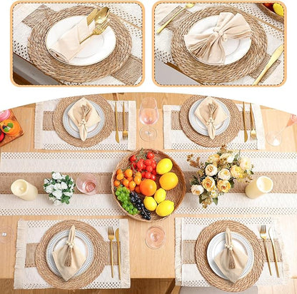 4 Sets Boho Placemats Round Woven Placemats, Cloth Napkins, Wood Bead Napkin Rings, Long Table Runner and Farmhouse Rustic Placemats Natural Burlap Cotton for Kitchen Table Home