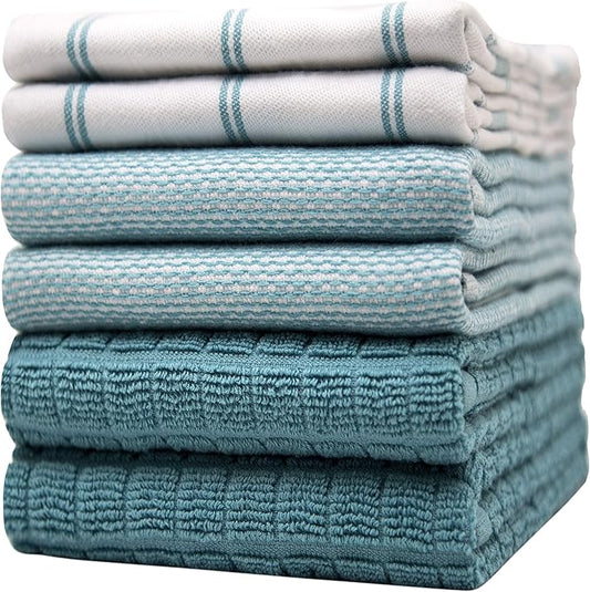 Premium Kitchen Towels 6 Pack Large Cotton Flat Terry Absorbent Tea Towels with Hanging Loop Teal Check 20x28