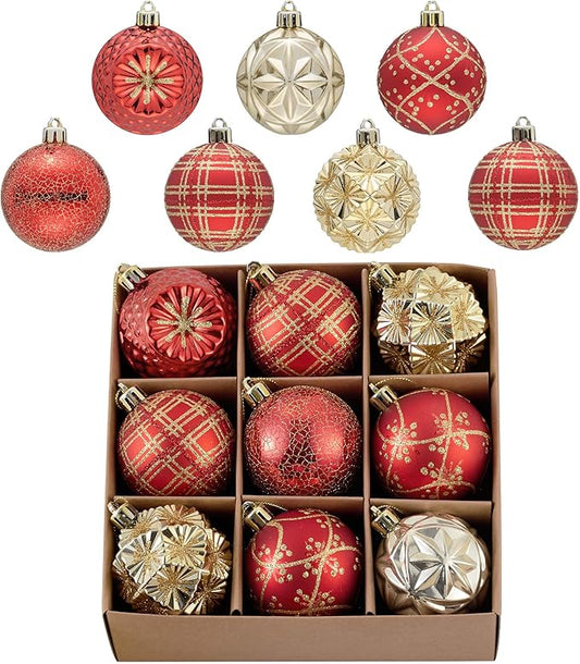Valery Madelyn Ornaments for Christmas Trees, 9ct 2.36 Inches Red and Gold Shatterproof Christmas Tree Decorations, Luxury Hanging Ball Ornaments for Xmas Holiday Party Decor