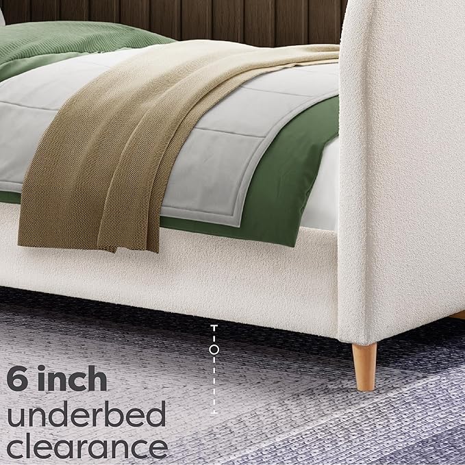 DG Casa Boucle Cloud Daybed Frame with Arched Side Panels, Upholstered in Cream White Fabric, Twin Platform Bed Frame with Solid Wood Legs – Boho or Modern Style – No Box Spring Needed