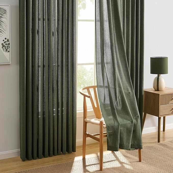 RAIN CITY Olive Green Sheer Curtains 92 Inches Long 2 Panels Set, Semi Sheer Boho Decor Light Filtering Privacy Window Drapes for Bedroom Living Room 50 Inch Wide x 92 Inch Long