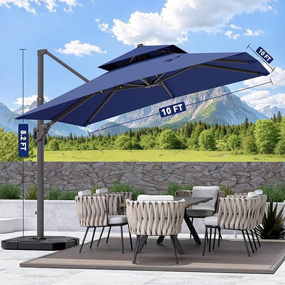 10' X 10' Cantilever Patio Umbrella Outdoor Heavy Duty Double Top Windproof Square Offset Umbrellas with 360-degree Rotation for Pool Deck Backyard, Navy