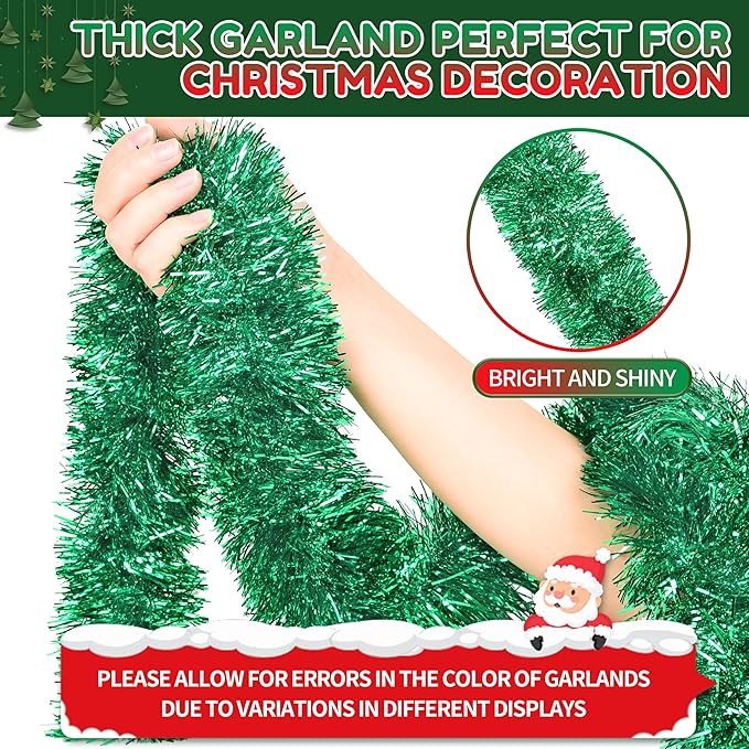 50 Ft Christmas Tinsel Garland Green Thick Tinsel Garland Xmas Tree Decorations Metallic Tinsel Twist Garland for Christmas, Birthday, Party Decor Indoor Outdoor Party Supplies