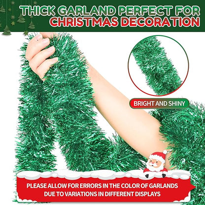 50 Ft Christmas Tinsel Garland Green Thick Tinsel Garland Xmas Tree Decorations Metallic Tinsel Twist Garland for Christmas, Birthday, Party Decor Indoor Outdoor Party Supplies