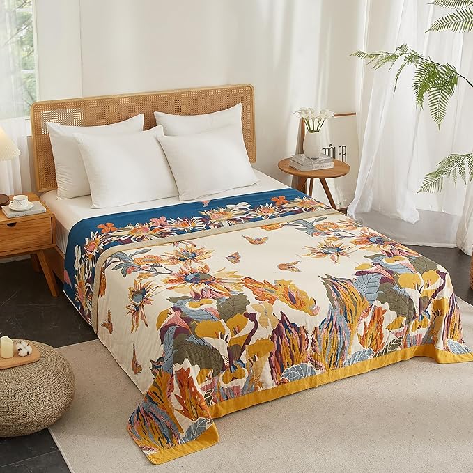 Boho Throw Blanket 100% Cotton Woven Ultra Soft 4-Layer Muslin Quilt Farmhouse Bed Blanket Cover 60"x80", Floral