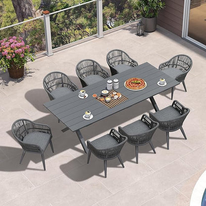 PURPLE LEAF 9 Piece Longer Patio Dining Set with Outdoor Aluminium Dining Table and Woven Chairs Modern Metal Furniture Cushions Sets for Garden Yard Indoor Decor Kitchen Gray