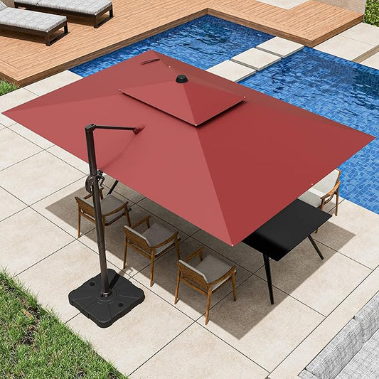 9x12FT Cantilever Patio Umbrella - Heavy Duty Double Layer Offset Design with 360° Rotation, Large Rectangle Sun Shade Umbrella for Garden, Deck, Pool, Backyard, Red