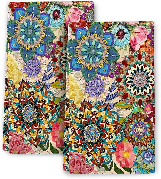 Boho Floral Kitchen Towels Set of 2 Absorbent Colorful Flowers Dish Towels Tabletop Decor Floral
