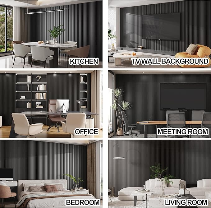 8-Pack WPC Wood Panels for Wall - 96 x 6.6 Inch 3D Acoustic Wall Panels, Water-Proof and Easy Installation, Accent Slat Wall Paneling for Living Room, Office, Black