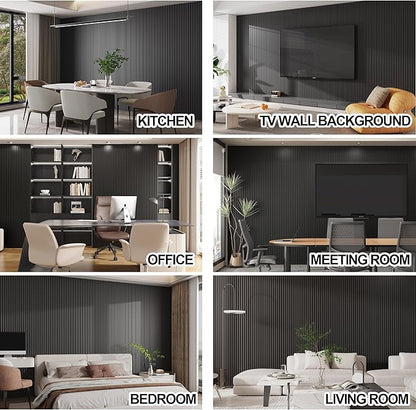8-Pack WPC Wood Panels for Wall - 96 x 6.6 Inch 3D Acoustic Wall Panels, Water-Proof and Easy Installation, Accent Slat Wall Paneling for Living Room, Office, Black