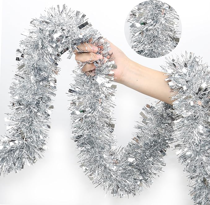 50 Feet Silver Metallic Twist Shiny Garland for Christmas Tree Decorations, Xmas Hanging Decor for Home Mantle Indoor Outdoor Holiday Party Supplies