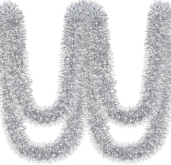 50Ft Christmas Tinsel Garland Silver Xmas Tree Decorations Metallic Glitter Twist Garland for Christmas Tree Decorations New Year Party Birthday Holiday Supplies Indoor Outdoor Supplies