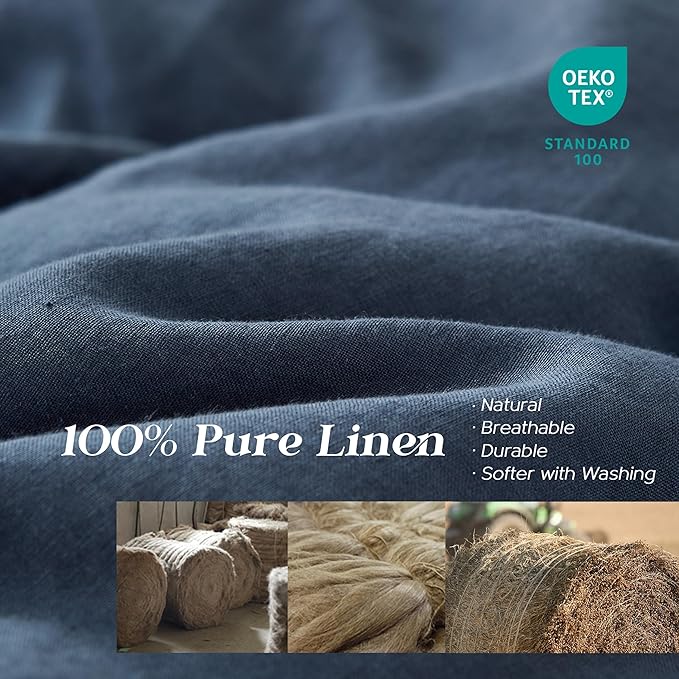 Simple&Opulence 100% Linen Duvet Cover Set, 3 PCS Classic Blue Duvet Cover King Size, Breathable Soft Comfy Linen Bedding Comforter Cover with 2 Pillowcases(Classic Blue, 104"x92")