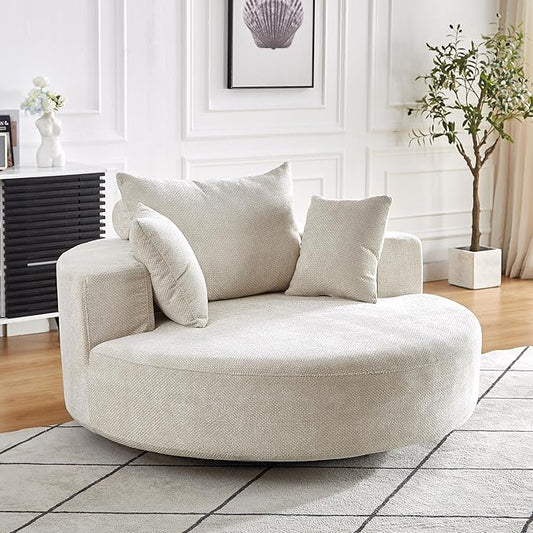 KEIKI 55" Oversized Swivel Accent Chair, Large Barrel Chairs Upholstered Round Swivel Chair, Chenille Single Sofa Armchair, Sleeper Chair for Living Room, Lounge, Beige