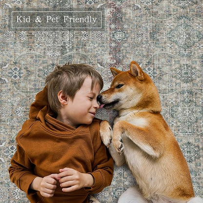 Washable Rugs 8x10 Area Rugs for Living Room,Rugs for Bedroom,Large Carpets,Ultra Soft Faux Wool Retro Dining Room Rug,Non Slip&Non-Shedding Low Pile Vintage Print Rug for Home Office,Green