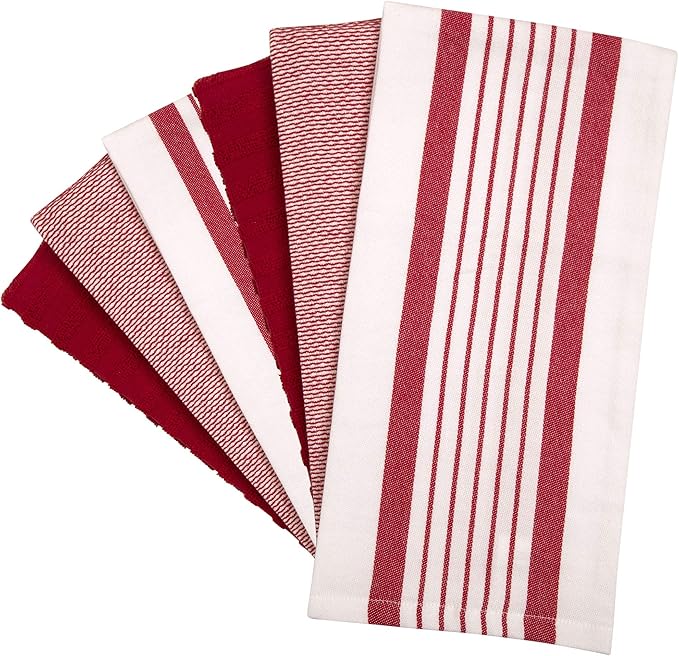 Premium Kitchen Towels 6 Pack Large Cotton Flat Terry Absorbent Tea Towels with Hanging Loop Red Striped 20x28