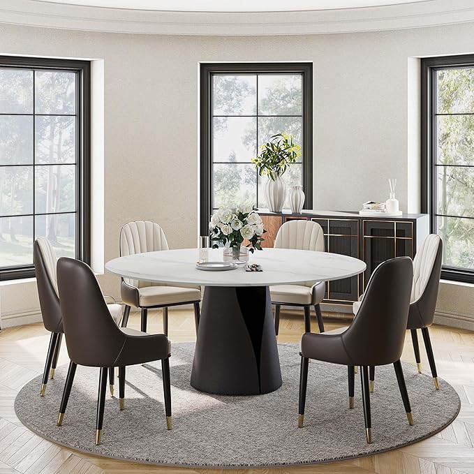 POVISON Round Dining Table for 4, 51“ Matte Sintered Stone Table Top with Solid Black Carbon Steel Pedestal, Circle Dining Room Table for Living Room (Dining Table Only)