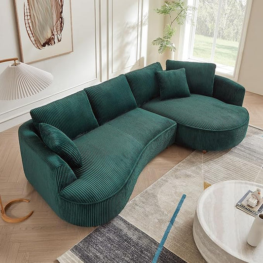 122'' Modern Curved Cloud Sofa Luxury Living Room 5 Seater Sectional Sofa Curve Design Comfortable Upholstered Sofas with Toffee Chair for Living Room Bedroom Apartment(Corduroy+Right Facing, Green)