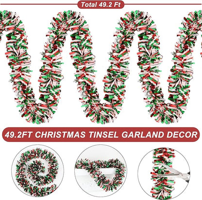 50 FT Christmas Tinsel Garland for Christmas Tree Decorations, Red Green White Metallic Twist Shiny Hanging Xmas Garlands for Stairs Mantle Fireplace Home Indoor Outdoor Holiday Party Suppliers Decor