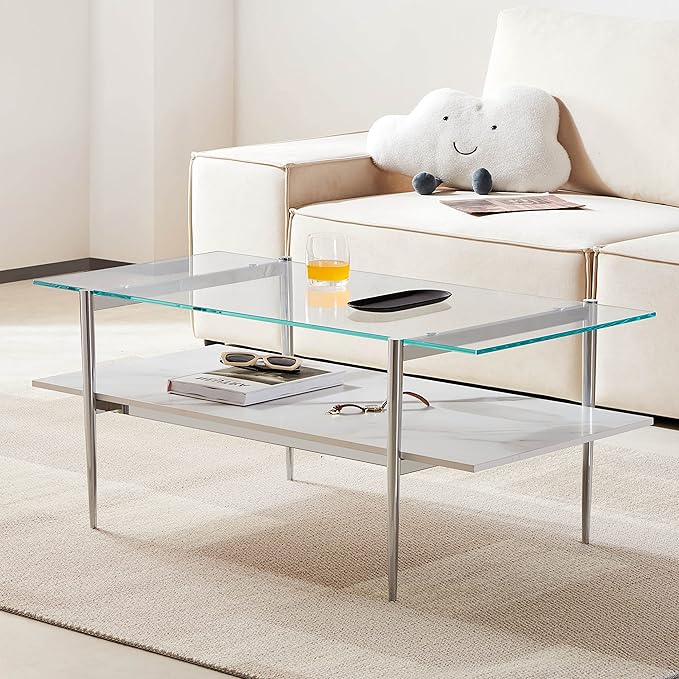 AGV LIGHTING Tadio Glass Coffee Table, Mid-Century Modern Coffee Table for Living Room, Chrome Finish Leg, Clear Glass Top & Faux Marble Wood Shelf, 41 in