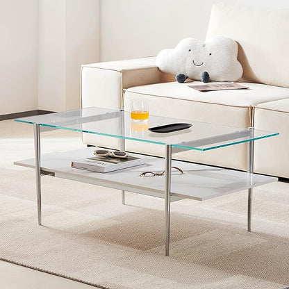 AGV LIGHTING Tadio Glass Coffee Table, Mid-Century Modern Coffee Table for Living Room, Chrome Finish Leg, Clear Glass Top & Faux Marble Wood Shelf, 41 in