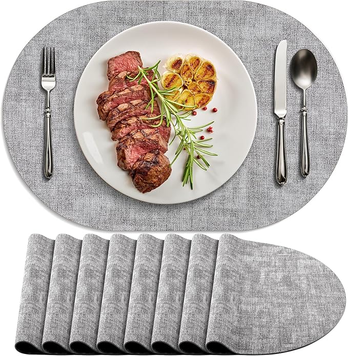 Placemats for Dining Table Set of 8 Non-Slip, Heat Resistant Leather Placemat Double Layer, Waterproof Table Mats Easy to Clean for Kitchen Dining Room Coffee Office Table, Grey