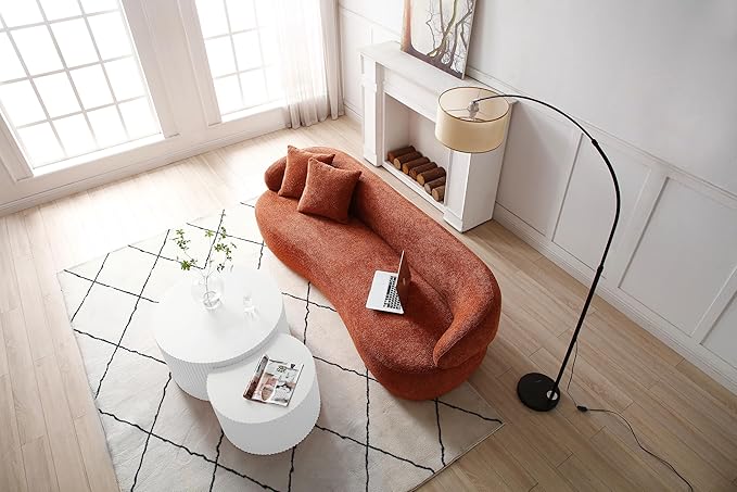 KEIKI 87" Curved Oversized Boucle Cloud Sofa with Thickened Seat Cushions and Backrest, Modern Style 3-Seater Upholstered Corner Fluffy Couch, No Assembly Required, for Apartment, Living Room, Orange