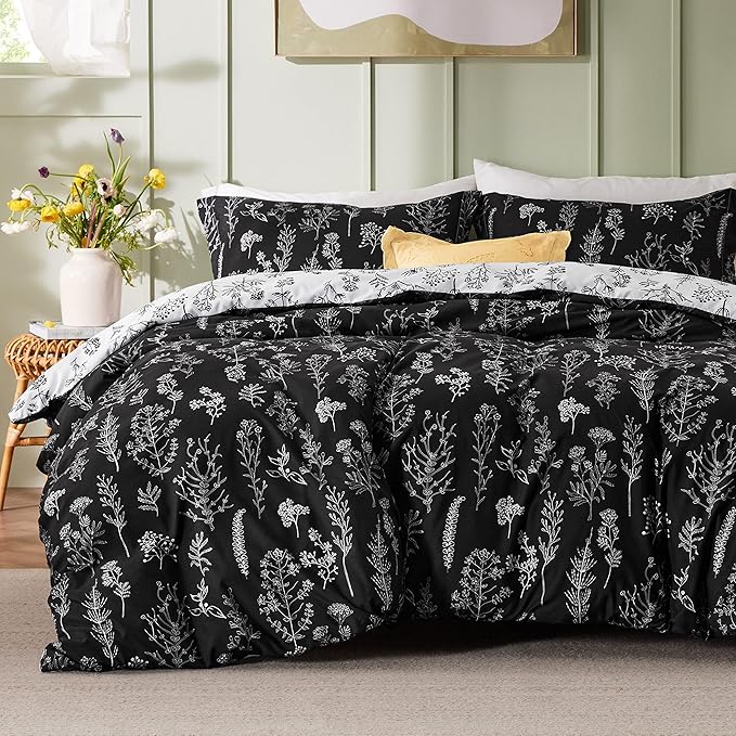 Bedsure California King Comforter Set - Black Bed Set, 3 Pieces Cute Floral Bedding, 1 Soft Reversible Botanical Flowers Comforter and 2 Pillow Shams