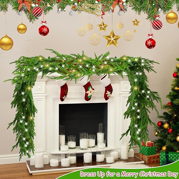 6 Ft Christmas Norfolk Pine Garland with 100 LED Lights, Dense Norfolk Pine Real Touch Garland, Artificial Greenery Garlands for Christmas Holiday Mantle Fireplace Table Home Decor Xmas