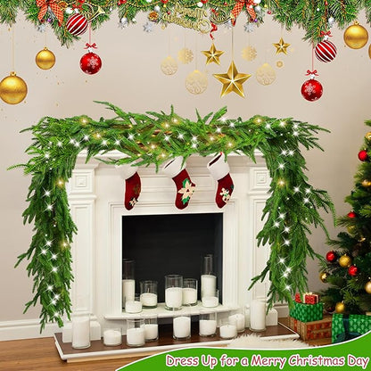 6 Ft Christmas Norfolk Pine Garland with 100 LED Lights, Dense Norfolk Pine Real Touch Garland, Artificial Greenery Garlands for Christmas Holiday Mantle Fireplace Table Home Decor Xmas