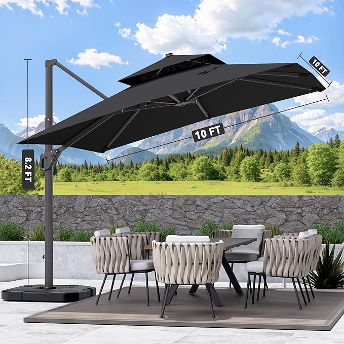 10' X 10' Cantilever Patio Umbrella Outdoor with Base Included Heavy Duty Double Top Windproof Square Offset Umbrellas with 360-degree Rotation for Pool Deck Backyard, Black