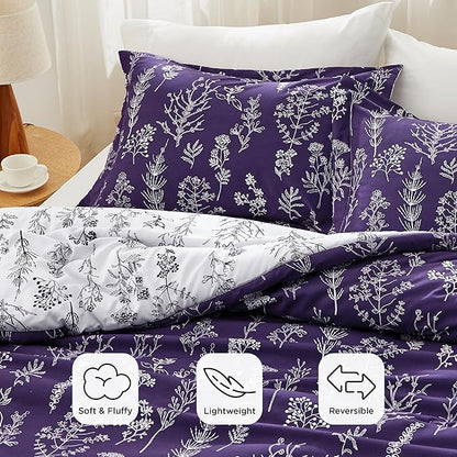 Bedsure California King Comforter Set - Dark Purple Bed Set, 3 Pieces Cute Floral Bedding, 1 Soft Reversible Botanical Flowers Comforter and 2 Pillow Shams