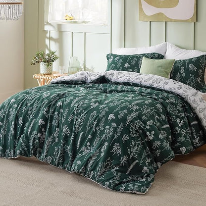 Bedsure Queen Comforter Set - Emerald Bed Set, 3 Pieces Cute Floral Bedding, 1 Soft Reversible Botanical Flowers Comforter and 2 Pillow Shams