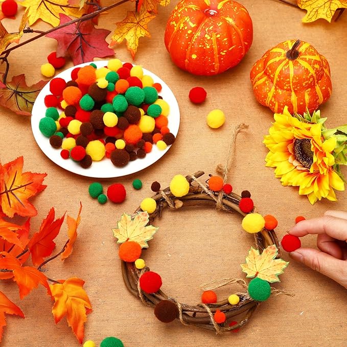 UPINS Fall Pom Poms Balls,600 Pieces Orange Brown Red Pom Poms Mixed Sizes Pompoms for Crafts Making DIY Autumn Thanksgiving Party Decorations Supplies (5 Colors)