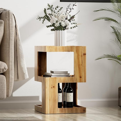 COZAYH Farmhouse Geometric Wood End Table, Distressed Accent Side Table with Two Storage Space, 3-Layer Cube Design for Bedroom, Living Room, Entryway.