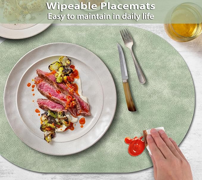 ADRIMER Placemats, Heat Resistant Oval Placemats Set of 8 Washable 12 x 17 Inch, Waterproof Table Mats, Wipeable Pu Place Mats for Kitchen, Dining Room, Green