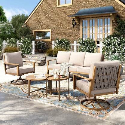 HERA'S HOUSE Patio Furniture Set 5-Piece, Metal Outdoor Conversation Set with Wood Grain Finish, 2 x Swivel Chair, 1 x 3-Seat Outdoor Chair, 2 x Multi-Functional Table for Garden Deck Backyard
