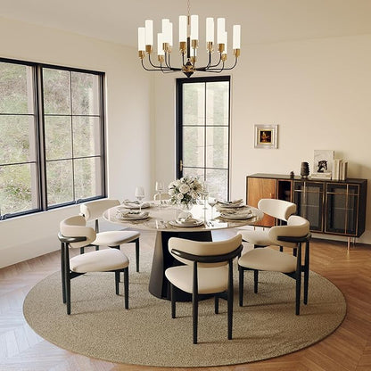 POVISON Round Dining Table for 6, Modern Marble Dining Room Table 59" Pandora Sintered Stone Kitchen Table with Black Carbon Steel Pedestal (Table Only)