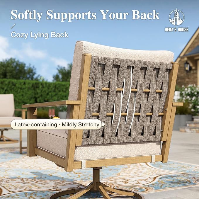 HERA'S HOUSE Patio Furniture Set 5-Piece, Metal Outdoor Conversation Set with Wood Grain Finish, 2 x Swivel Chair, 1 x 3-Seat Outdoor Chair, 2 x Multi-Functional Table for Garden Deck Backyard