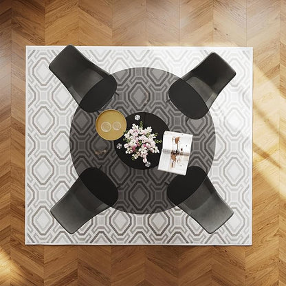 POVISON 47" Glass Round Dining Table for 6, Modern Dining Table Dining Room Table Round Black Glass Top with Solid Black Carbon Steel Base for Kitchen(Table Only)