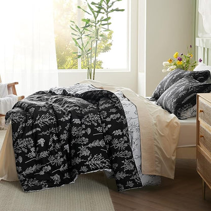 Bedsure Twin/Twin XL Comforter Set - Black Bed Set, 2 Pieces Cute Floral Bedding, 1 Soft Reversible Botanical Flowers Comforter and 1 Pillow Sham