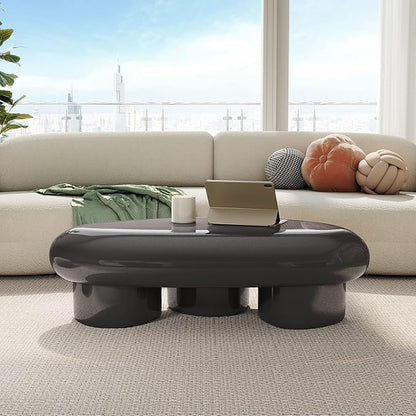 24/7 Shop at Home Kavren Modern 37-inch Oval Glossy Low Profile Coffee Table, Stone Shape Living Room Furniture for Small Space, Dark Grey
