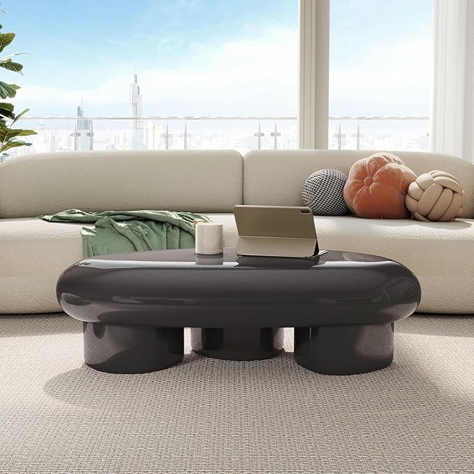 24/7 Shop at Home Kavren Modern 37-inch 2-Piece Oval Glossy Low Profile Coffee Table Set, Stone Shape Living Room Furniture for Small Space, Dark Grey