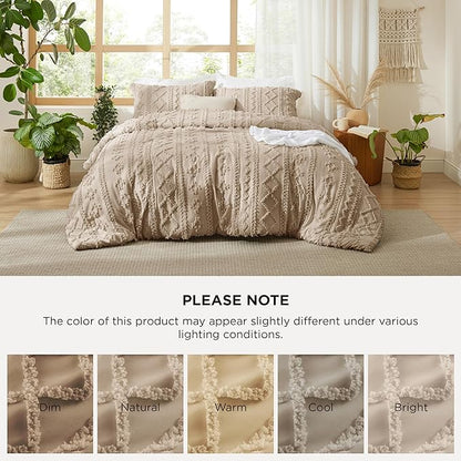 Bedsure Tufted Boho Comforter Set Oversized Queen - Khaki Boho Bed Set, GentleSoft™ 3 Pieces Farmhouse Shabby Chic Embroidery Bedding, Gifts for Woman, Soft Jacquard Comforter for All Seasons